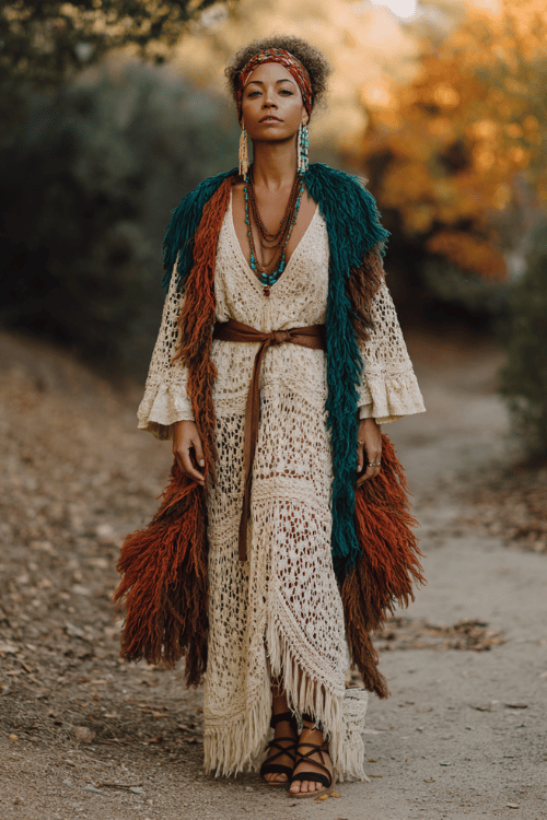 a woman wearing a vintage-inspired crochet maxi dress in warm ivory with bell sleeves and intricate open-weave detailing, layered with a heavy fringed blanket wrap in deep spice