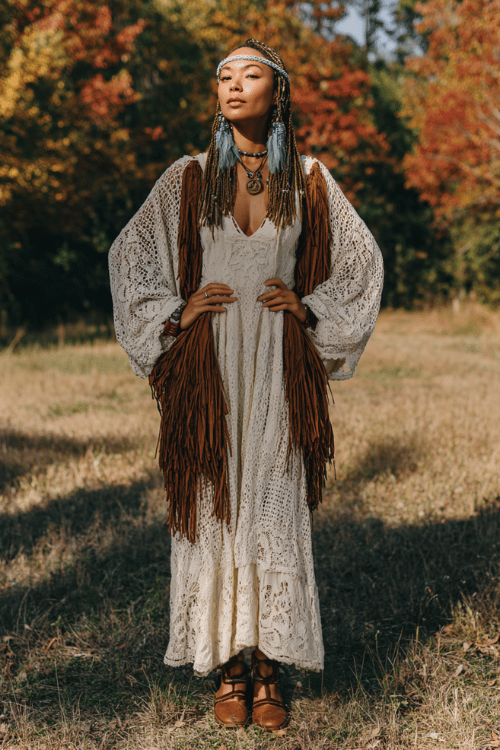 a woman wearing a vintage-inspired crochet maxi dress in warm ivory with bell sleeves and intricate open-weave detailing, layered with a heavy fringed blanket wrap
