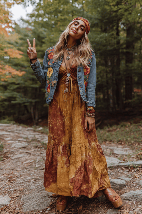 a woman wearing a vintage-inspired tie-dye maxi dress in warm earthy tones of ochre and sienna, layered with a cropped denim jacket adorned with embroidered floral patches