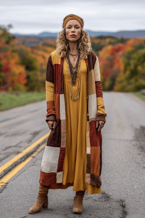 a woman wearing a vintage-style-patchwork-coat-in-warm-earthy-tones-of-brown-rust-and-cream-over-a-simple-flowy-maxi-dress-in-muted-mustard-yellow