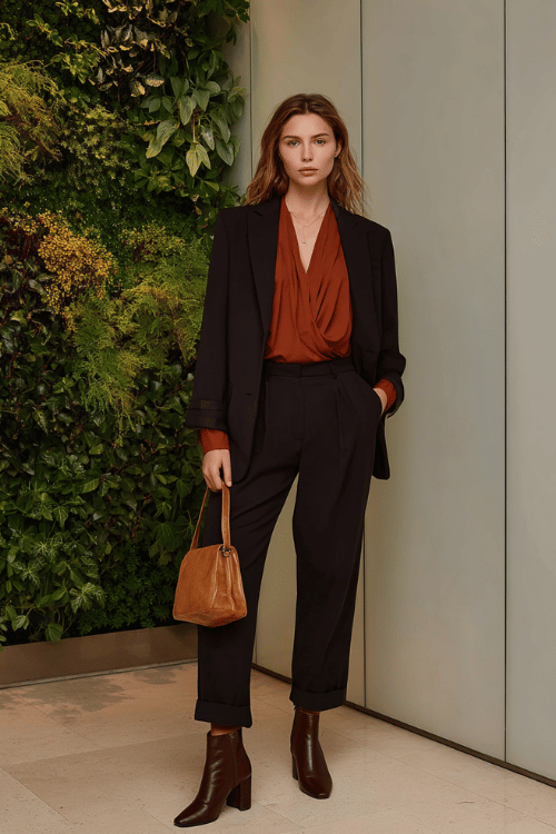 a woman wearing a warm terracotta long-sleeve wrap blouse tucked into tailored straight-leg trousers in deep charcoal, layered with a fitted black blazer with structured shoulders