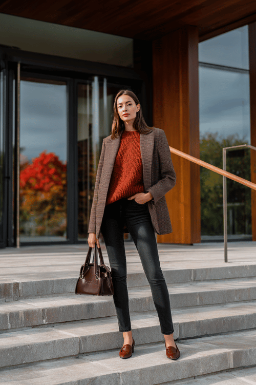 a woman wearing a warm terracotta oversized knit sweater tucked into slim-fit straight-leg black jeans, layered with a tailored charcoal grey blazer, finished with block-heel loafers 