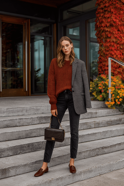 a woman wearing a warm terracotta oversized knit sweater tucked into slim-fit straight-leg black jeans, layered with a tailored charcoal grey blazer, finished with block-heel loafers