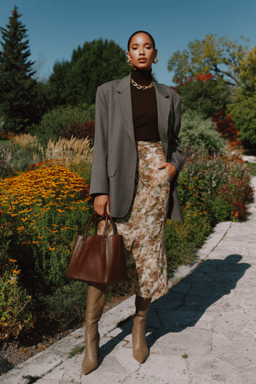 a woman wearing an elegant oversized longline blazer in warm stone grey over a flowing tiered midi skirt in soft earthy florals, paired with a fitted ribbed turtleneck 