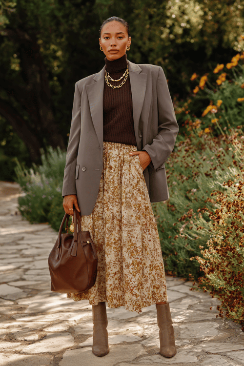 a woman wearing an elegant oversized longline blazer in warm stone grey over a flowing tiered midi skirt in soft earthy florals, paired with a fitted ribbed turtleneck in deep chocolate brown