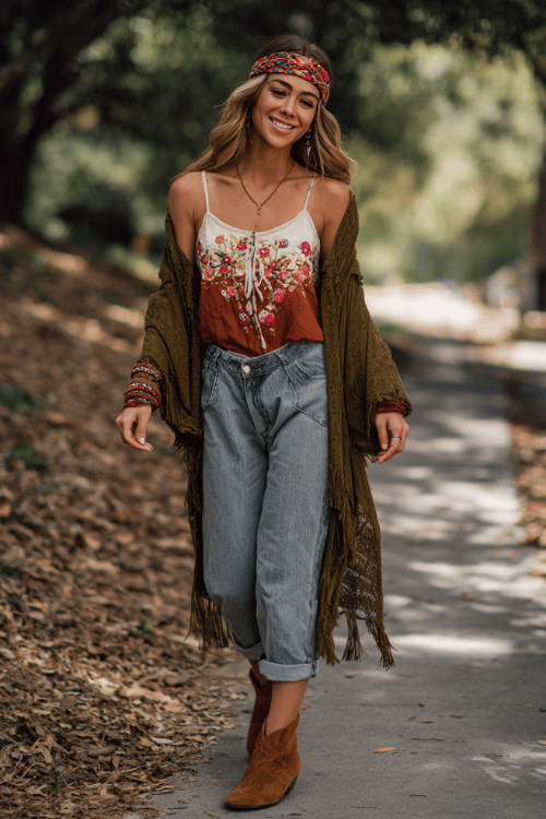 a woman wearing boyfriend jeans rolled at the ankle paired with a richly embroidered off-shoulder top in warm ivory and terracotta, layered with a lightweight open-knit duster cardigan