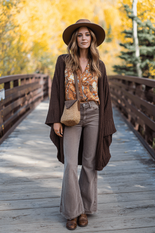 a woman wearing cropped flared jeans in a light vintage wash paired with a boho printed wrap blouse in warm amber florals, layered with a chunky oversized cardigan in chocolate brown 