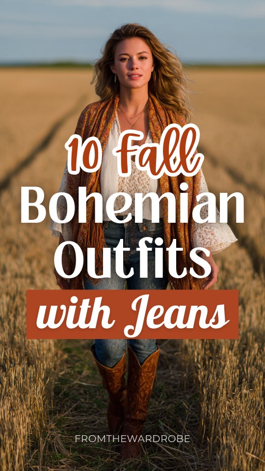 a woman wearing fall boho outfit with jeans tucked into cognac leather boots, with a loose boho blouse in warm ivory with lace trim and bell sleeves