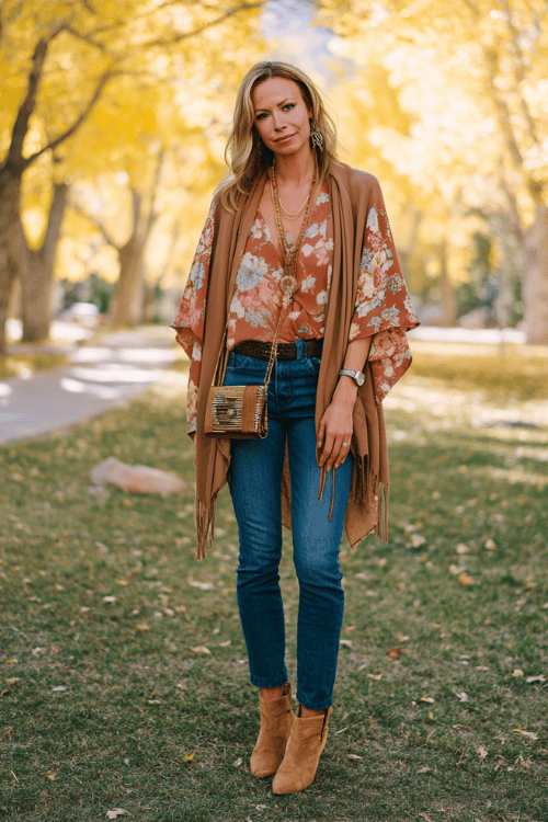 a woman wearing high-waisted straight jeans in a deep indigo wash paired with a flowing boho blouse in warm spice floral print, draped with an oversized camel blanket scarf