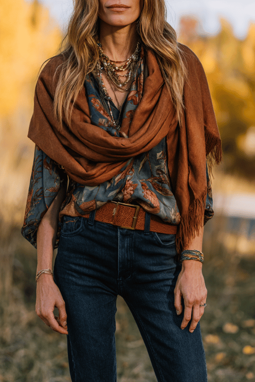a woman wearing high-waisted straight jeans in a deep indigo wash paired with a flowing boho blouse in warm spice floral print, draped with an oversized camel blanket scarf