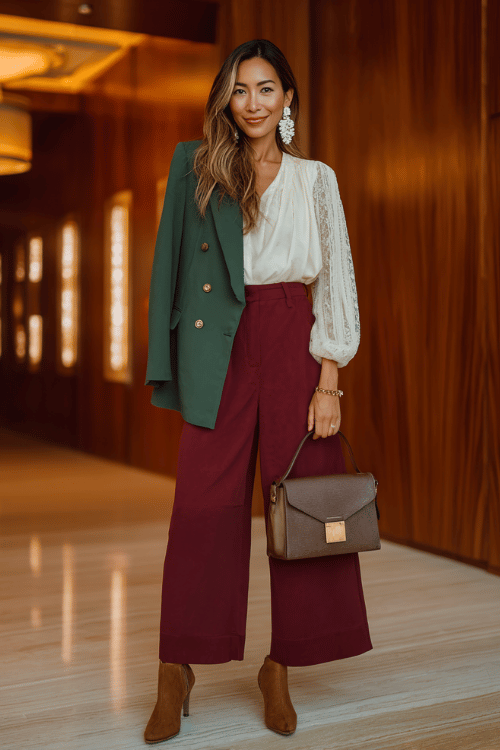 a woman wearing high-waisted wide-leg trousers in rich bordeaux paired with a flowing boho blouse in warm ivory with delicate lace sleeves, layered with a structured double-breasted blazer