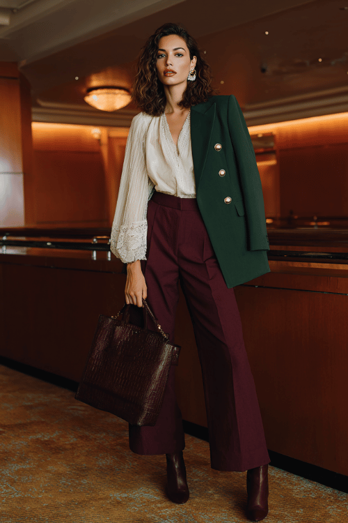 a woman wearing high-waisted wide-leg trousers in rich bordeaux paired with a flowing boho blouse in warm ivory with delicate lace sleeves