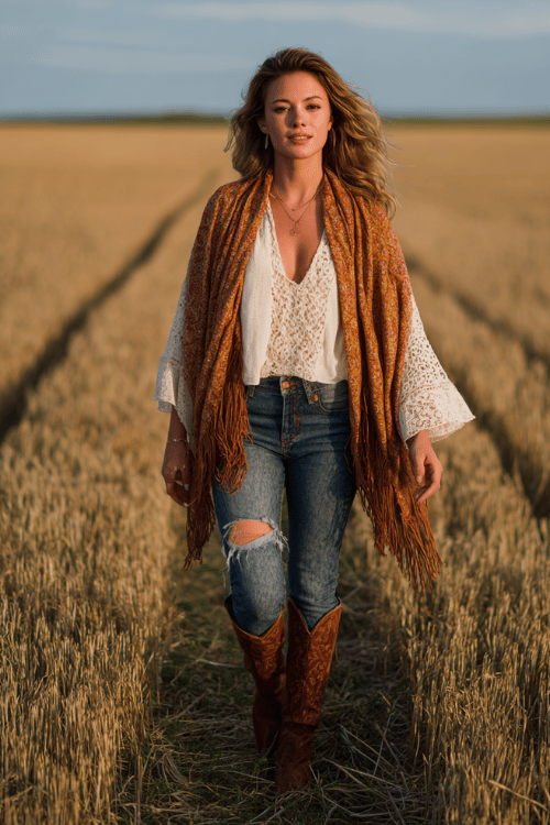 a woman wearing straight-leg distressed jeans tucked into knee-high cognac leather boots, paired with a loose boho blouse in warm ivory with lace trim and bell sleeves (