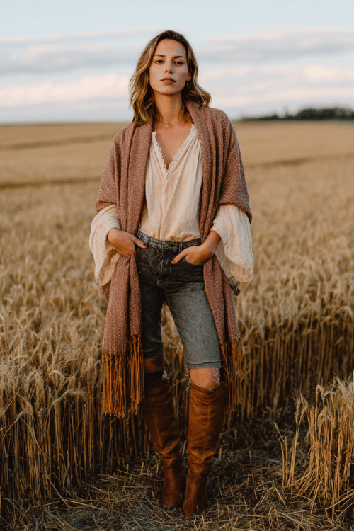 a woman wearing straight-leg distressed jeans tucked into knee-high cognac leather boots, paired with a loose boho blouse in warm ivory with lace trim and bell sleeves