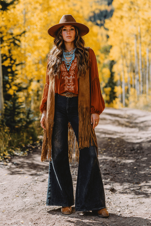 a woman wearing wide-leg dark wash jeans paired with a flowing rust-orange embroidered peasant blouse with billowing sleeves, layered with a long fringed suede vest in warm tan