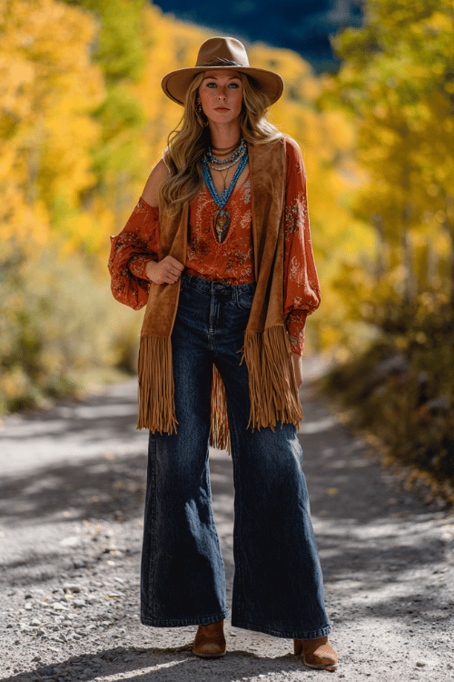 a woman wearing wide-leg dark wash jeans paired with a flowing rust-orange embroidered peasant blouse with billowing sleeves, layered with a long fringed suede vest in warm tan
