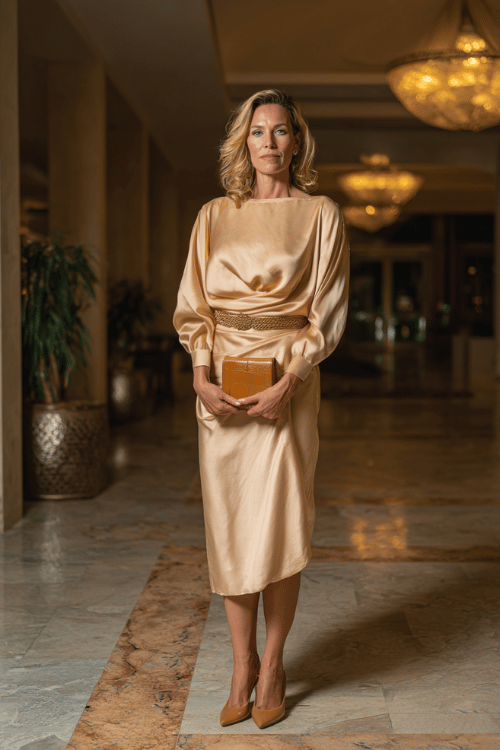 an elegant mature woman in a beautifully draped long-sleeve silk midi dress in warm champagne, accessorized with a slim gold chain belt at the waist, pointed-toe leather pumps in warm tan