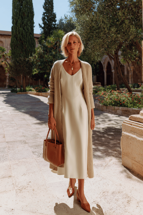 an elegant mature woman wearing a refined sleeveless A-line midi dress in warm ivory crepe layered under a lightweight longline cashmere cardigan in soft oatmeal