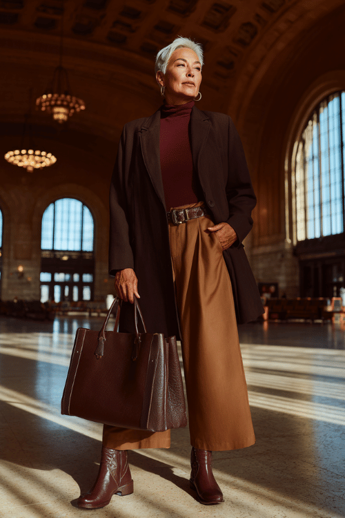 an elegantly mature plus-size woman with cropped silver hair wearing a rich chocolate brown longline tuxedo blazer belted at the waist over a deep burgundy fitted turtleneck and trousers 