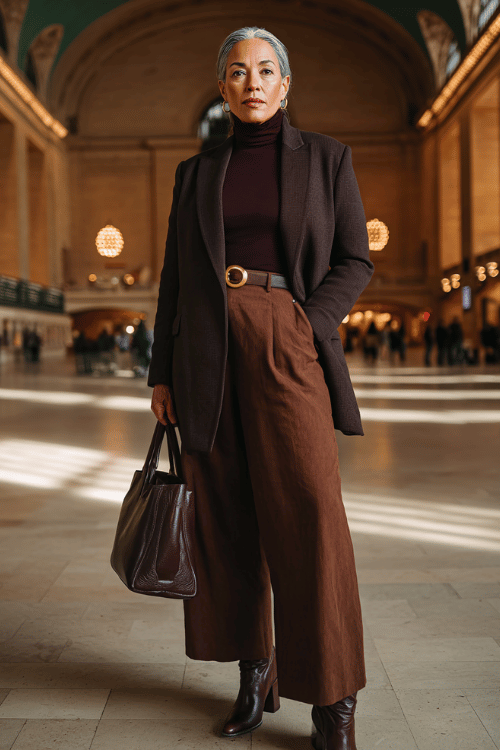 an elegantly mature plus-size woman with cropped silver hair wearing a rich chocolate brown longline tuxedo blazer belted at the waist over a deep burgundy fitted turtleneck and wide-leg trousers