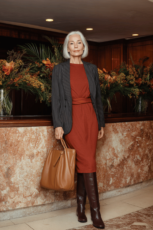 an elegantly mature woman with silver bob haircut wearing a warm terracotta long-sleeve midi dress with a defined belted waist, layered with a well-fitted charcoal pinstripe blazer