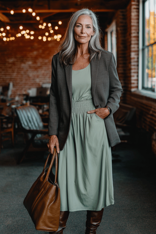 an elegantly mature woman with silver-streaked hair in a soft sage green long-sleeve midi dress with a defined waist and flowing skirt, layered with a tailored charcoal grey blazer