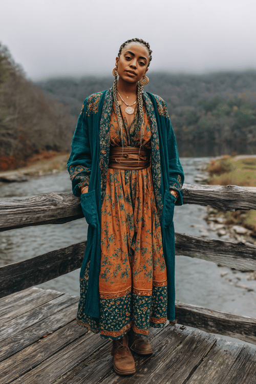 f a Black woman with goddess braids wearing a hippie-chic layered look a deep jewel-toned embroidered coat over a flowing amber and forest-green printed maxi dress