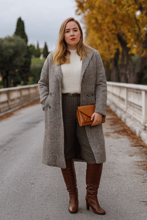 f a beautiful plus-size woman in a tailored herringbone wool midi coat in warm grey and brown tones, worn over a fine ribbed knit sweater in cream and straight-leg dark trousers