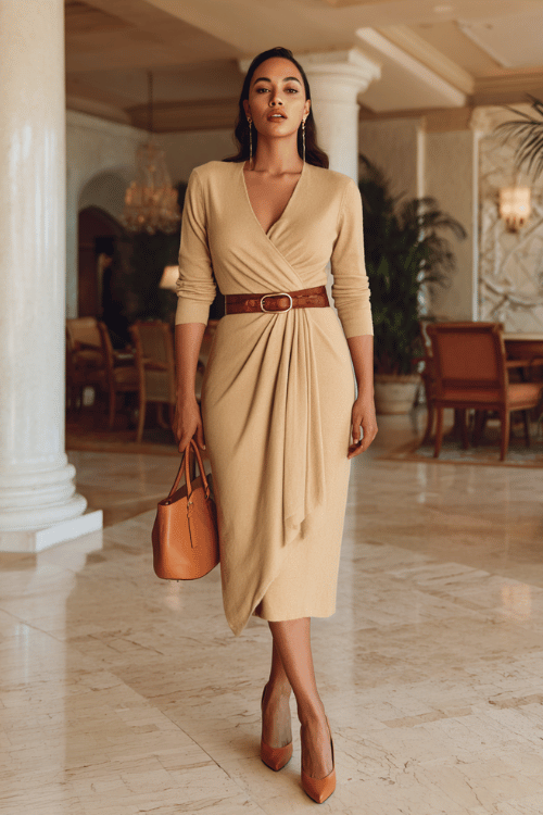 a curvy woman wearing a beautifully tailored wrap dress in soft camel cashmere, cinched at the waist with a slim leather belt, paired with pointed-toe leather pumps in warm tan