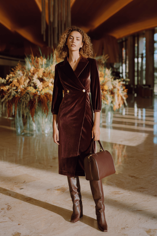 a white woman with loose copper-toned curls wearing a rich plum velvet wrap dress with bishop sleeves and an elegant midi length, layered with a tailored camel double-breasted blazer