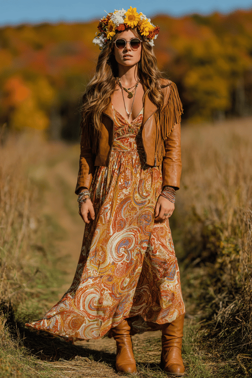 f a woman in a groovy retro hippie boho outfit a flowing printed maxi dress in warm psychedelic swirls of ochre, rust, and cream, layered with a cropped fringed leather jacket