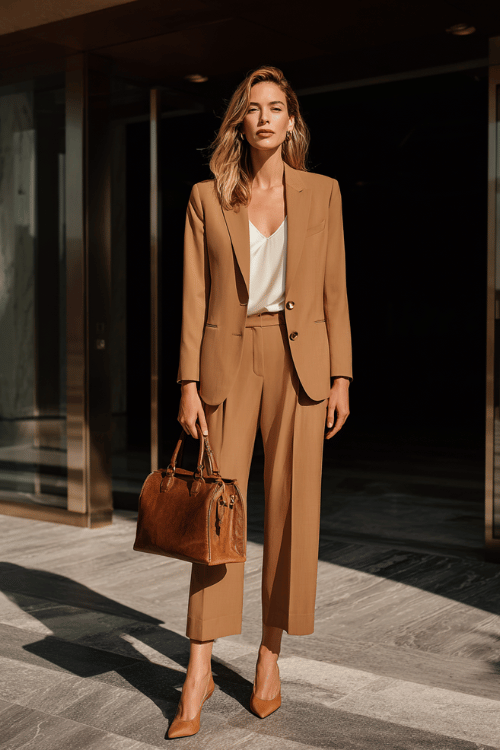 f a woman in a sophisticated monochromatic suit in warm camel a structured single-breasted blazer and tailored wide-leg trousers worn over a simple silk camisole in ivory