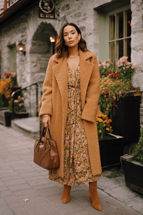 f a woman in an elegant oversized wrap coat in warm camel bouclé over a flowing printed midi dress in earthy ochre and forest green florals, accessorized with a structured leather tote