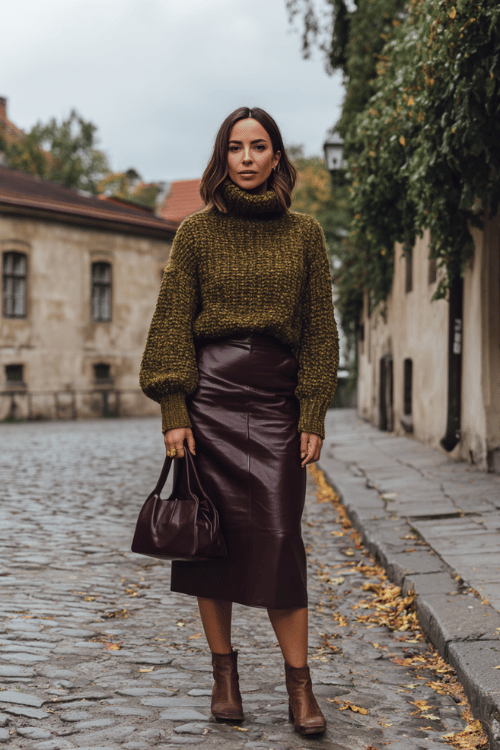 a woman wearing a chunky knit turtleneck sweater in warm dark olive paired with tailored midi skirt in rich burgundy leather, flat ankle boots in dark cognac, and a structured leather shoulder bag
