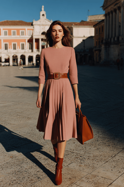 f a woman wearing a refined A-line midi dress in soft dusty rose wool with three-quarter sleeves and a subtle pleated skirt, accessorized with leather pointed-toe ankle boots in warm cognac