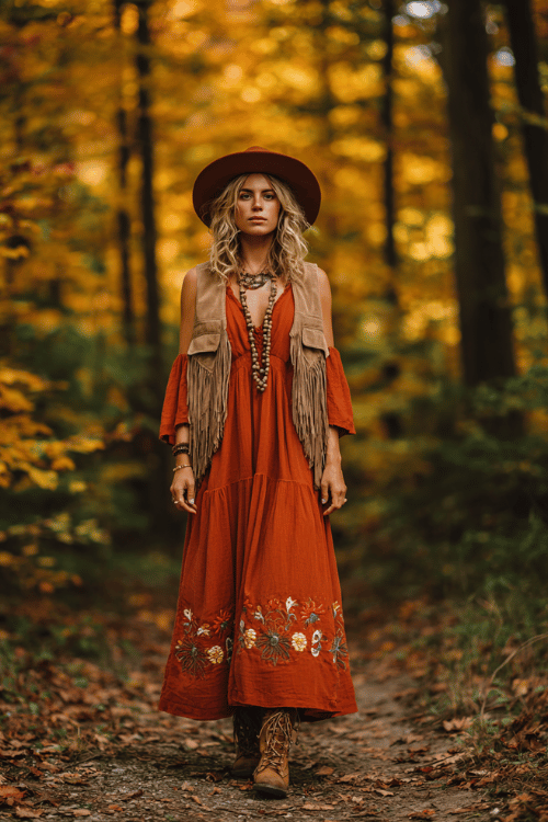 fashion photograph of a woman in a flowing rust-orange maxi dress with bell sleeves and floral embroidery at the hem, layered with a fringed suede vest in warm tan