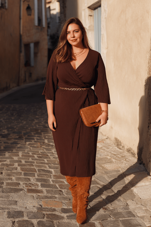 plus-size woman in a flowing long-sleeve midi wrap dress in deep chocolate brown ribbed knit, accessorized with a thin gold chain belt at the waist