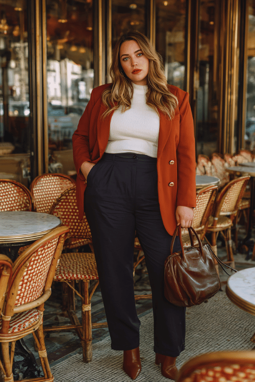 plus-size woman in a rich terracotta ponte knit blazer with wide lapels and gold button details over a crisp white fitted turtleneck and tailored straight-leg trousers in deep navy