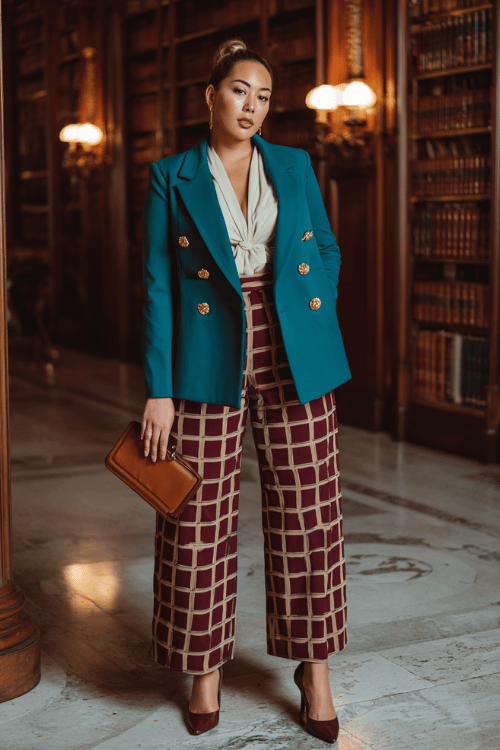 plus-size woman wearing a striking deep teal double-breasted blazer with gold coin buttons over a soft cream silk blouse, paired with wide-leg trousers in a bold burgundy and camel windowpane print