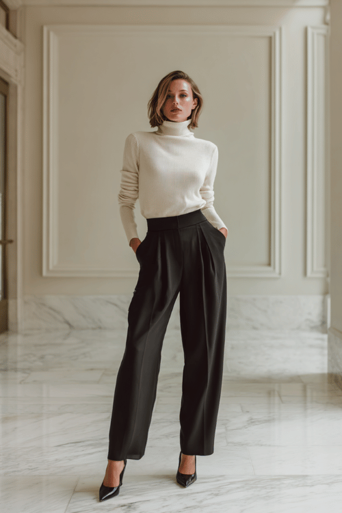 woman dressed in a fitted cashmere turtleneck in oatmeal tone paired with tailored charcoal wide-leg trousers and pointed-toe leather pumps, standing in a minimalist white marble lobby