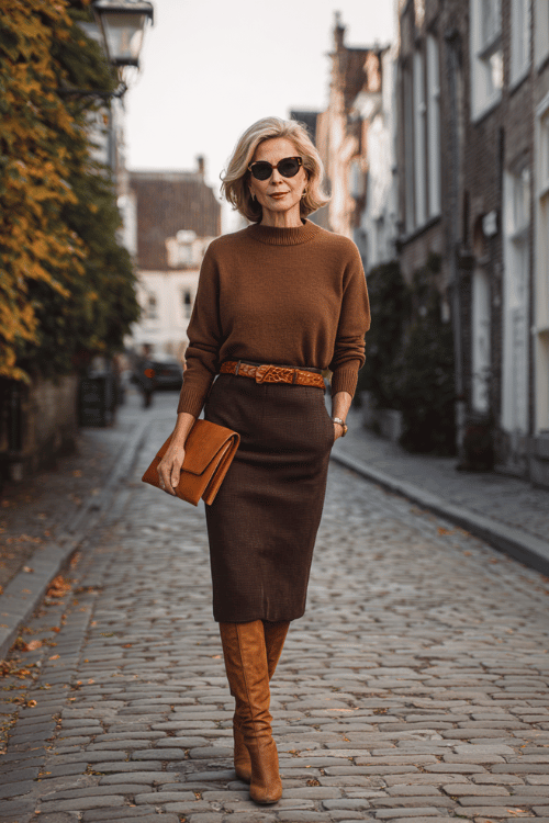 woman dressed in a polished wool midi skirt in deep espresso brown paired with a beautifully fitted cashmere crewneck sweater in warm camel 