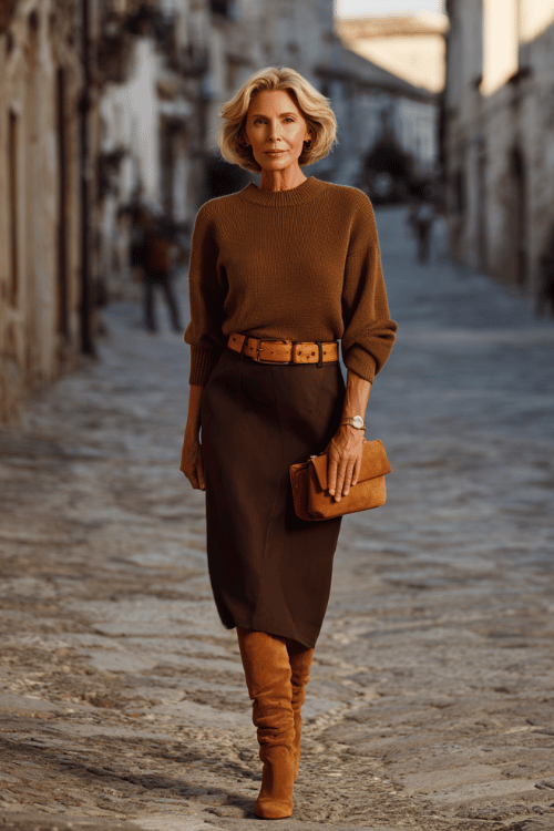 woman dressed in a polished wool midi skirt in deep espresso brown paired with a beautifully fitted cashmere crewneck sweater in warm camel