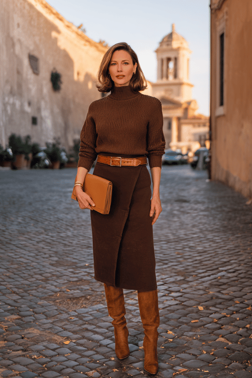 woman dressed in a polished wool midi skirt in deep espresso brown paired with a beautifully fitted cashmere crewneck sweater in warm camel