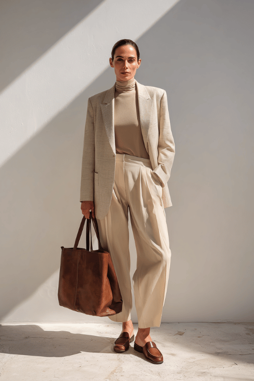 woman dressed in a refined monochromatic ensemble in warm oatmeal a relaxed oversized cashmere blazer, fitted mock-neck top, and tailored wide-leg trousers 