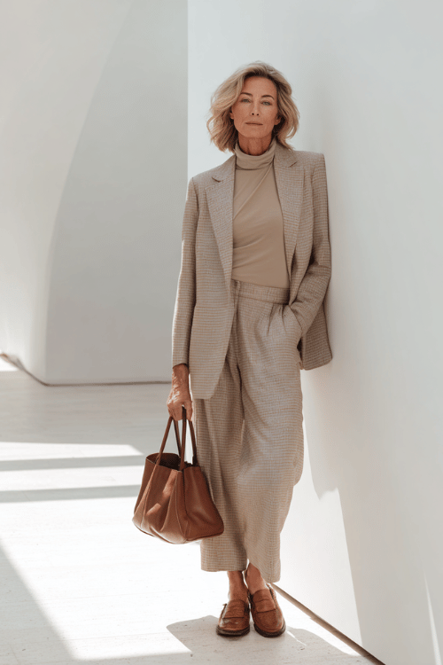 woman dressed in a refined monochromatic ensemble in warm oatmeal a relaxed oversized cashmere blazer, fitted mock-neck top, and tailored wide-leg trousers