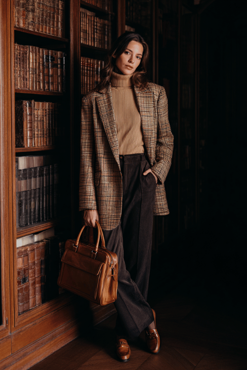 woman dressed in a refined plaid wool blazer in earthy brown and cream tones over a ribbed cashmere turtleneck in camel, slim-fit dark trousers, and leather loafers in warm tan 