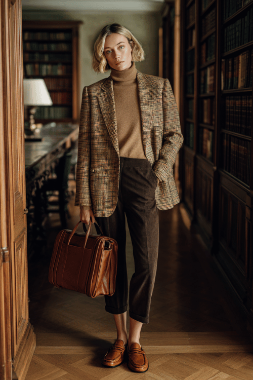 woman dressed in a refined plaid wool blazer in earthy brown and cream tones over a ribbed cashmere turtleneck in camel, slim-fit dark trousers, and leather loafers in warm tan