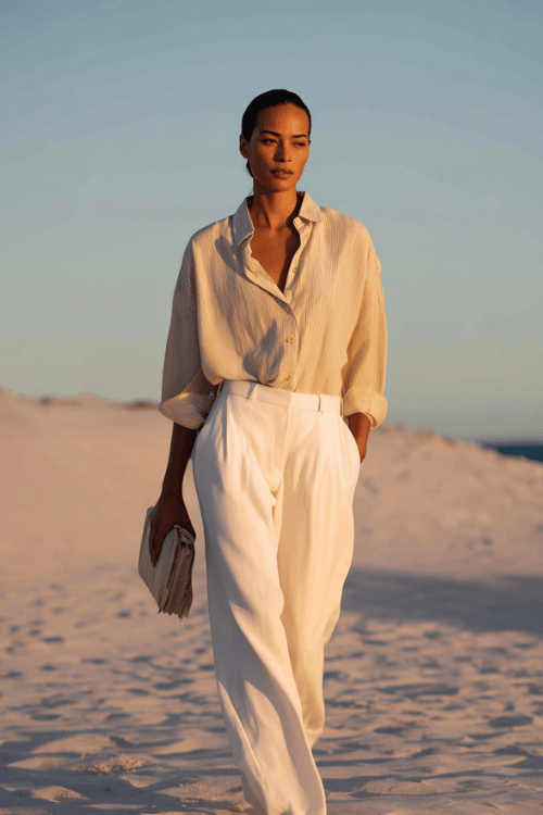woman dressed in a relaxed yet polished oversized linen button-down shirt in pale ecru worn as a beach cover-up over tailored high-waisted wide-leg trousers in soft white