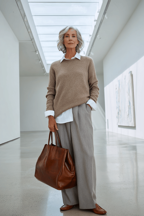 woman dressed in a relaxed yet refined oversized cashmere crewneck sweater in warm oatmeal layered over a crisp white collared shirt with the collar