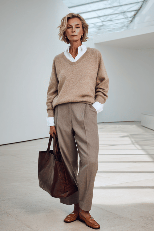 woman dressed in a relaxed yet refined oversized cashmere crewneck sweater in warm oatmeal layered over a crisp white collared shirt